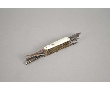 A 19th century mother-of-pearl framed pocket knife, with twenty blades / tools to include a corkscrew, watch key, saw, comb, 