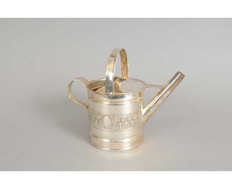 A novelty silver watering can, Whitehill Silver &amp; Plate Co, London 1991, the body with chased floral band, engraved 'The 