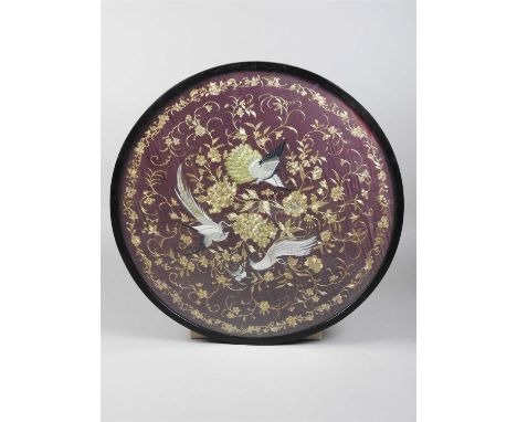 A Chinese embroidered silk panel, Qing dynasty, 19th century, worked in gold coloured and coloured threads with three birds o