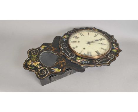 A Victorian Japanned wall clock, the 12" painted dial with black Roman numerals, within a shaped border and glazed case, deco