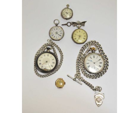 A quantity of 5 x silver pocket watches, 2 x chains, together with a 9ct ladies watch