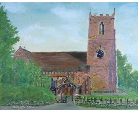 R. William, Battlefield church, signed, oil on board, 35 x 44cm