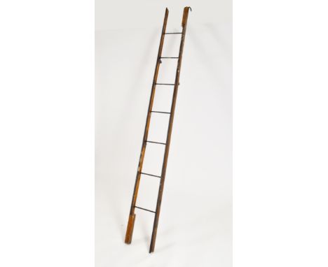 An early 20th&nbsp;century folding oak trench (military) ladder, with iron frame and hook mounts, 245 x 27 cm (extended).