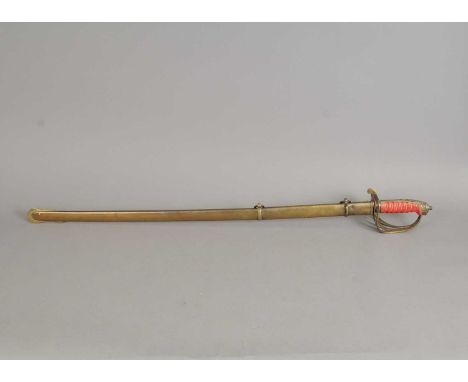 A Victorian Infantry officer's sword, with wirework red grip, brass three-bar hilt with pierced knuckle guard and engraved bl