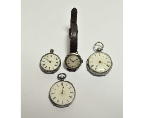 Three open face pocket watches, together with a silver wristwatch on leather strap (4)