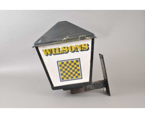A weathered 20th century outdoor porch / beer garden lamp advertising Wilsons Brewery (Manchester) 46 cm high, 33 x 33 cm.