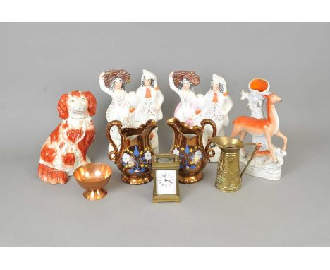 A miscellaneous collection to include antique brass and copper wares, horse brasses, a brass cased carriage clock (AF) lustre