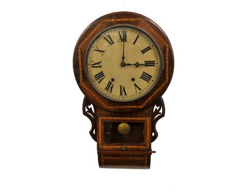 A parquetry inlaid rosewood veneered 12" wall clock, with a painted dial with black Roman numerals, 67 cm high.