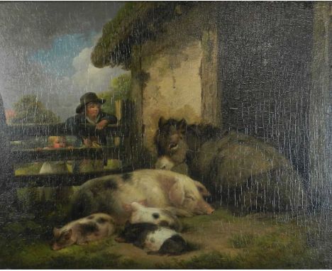 Circle of George Morland (1763-1804), British School, Farmyard Scene with Donkey and Sow with piglets, oil on panel, signed b