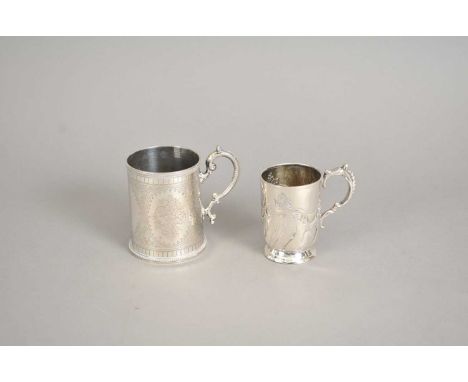A Victorian silver mug, Barnard Brothers, London 1874, with engraved floral decoration, 10cm high, together with a further si