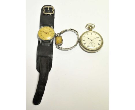 A ladies Jaeger-LeCoultre in stainless steel wristwatch, together with a Military Elgin pocketwatch, and an oversized Cimier 