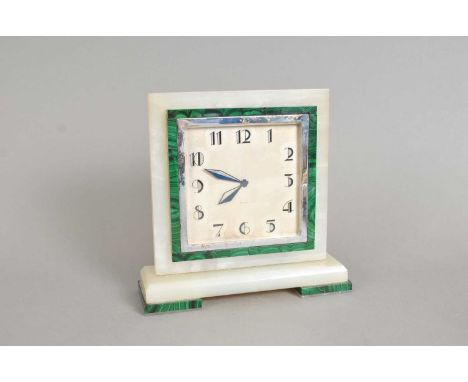 An Art Deco Swiss-made onyx and malachite framed mantle clock, the square silvered dial, with stylised Arabic numerals, marke