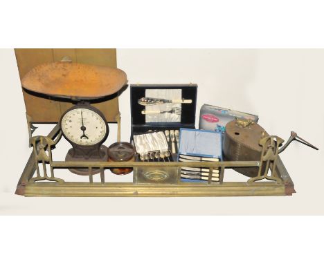 A miscellaneous collection to include a cast iron framed Salter scale, cased silver plated cutlery, A Royal Doulton tobacco j