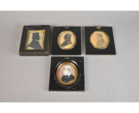 A small collection of portrait miniatures to include a 19 th century portrait of a lady wearing a lace bonnet, wearing a blac