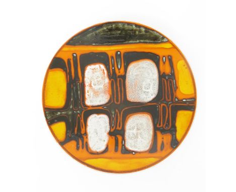 A Poole Pottery Delphis charger, shape no.5, painted with a geometric abstract design in shades of orange, yellow and black h