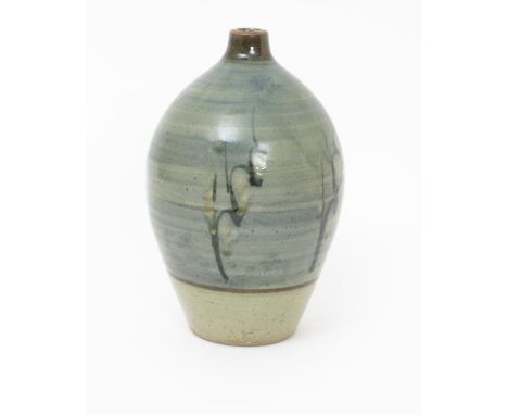 ‡ David Leach (1911-2005) a Lowerdown Pottery vase, shouldered form, painted with simple brush design in blue on a pale blue 