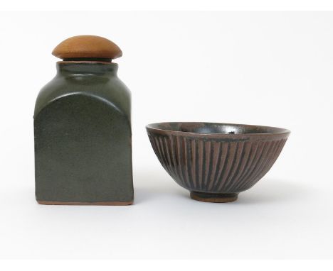 Bernard Leach (1887-1979) a Leach Pottery stoneware tea canister, covered in a matt green glaze, with later wooden cover, and