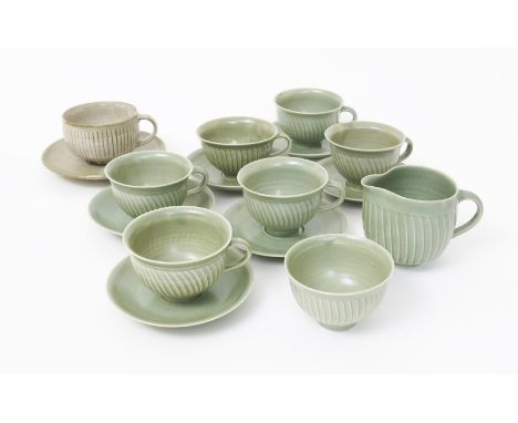 David Leach (1911-2005) a Lowerdown Potttery cut-sided porcelain tea service, covered in a celadon glaze, comprising; milk-ju