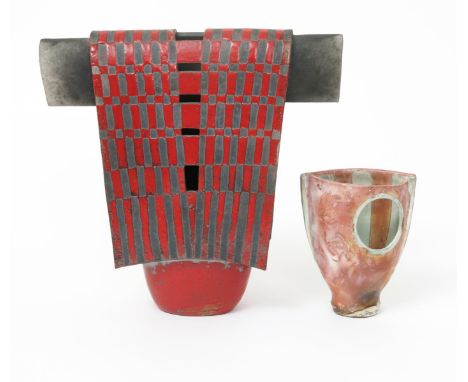 John Bedding (born 1947) a small Raku pottery vase with pierced hole, glazed in shades of cream and rust, and a Raku pottery 