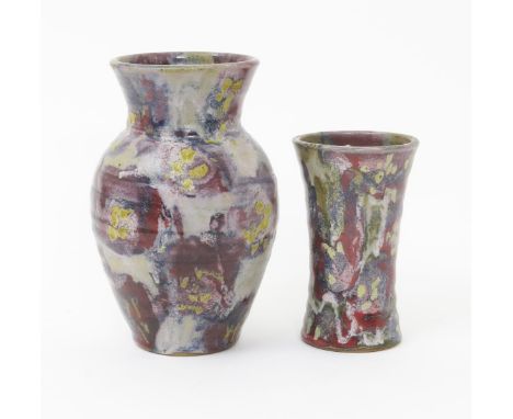 Janice Tchalenko (born 1942) an early Dart Pottery stoneware vase, shouldered form with everted rim, glazed with abstract bru