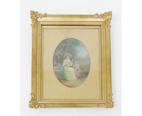 A Royal Doulton porcelain plaque by Leslie Johnson, oval, painted with a woman playing a lute, a young child holding roses, i