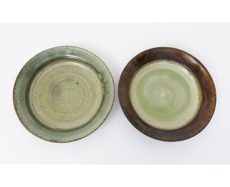 Richard Batterham (born 1936) a stoneware serving plate, covered in an ash celadon glaze to the interior, and another similar
