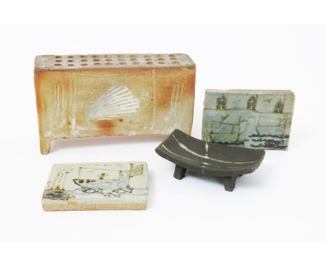 Janet Leach (1918-1997) a Leach Pottery stoneware dish, on feet, glazed with simple brush stroke motif, two Leach Pottery til