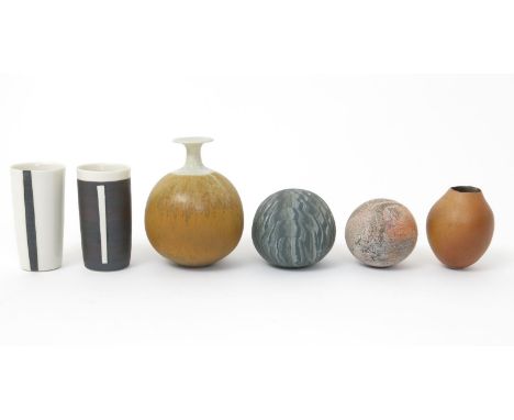 Elspeth Owen (born 1938) a hand-built ceramic orb, covered in a burnished glaze, another raku orb by Elspeth Owen, a stonewar