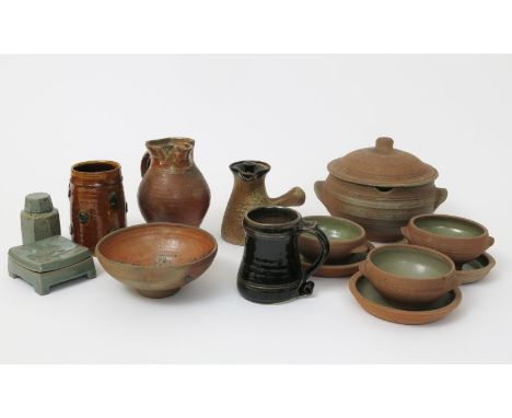 Leach Pottery a tureen and cover, six soup bowls and saucers, with celadon glaze, and a collection of studio pottery impresse