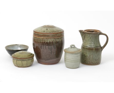 Richard Batterham (born 1936) a stoneware jar and cover, covered to the foot with a running ash and tenmoku glaze, a covered 