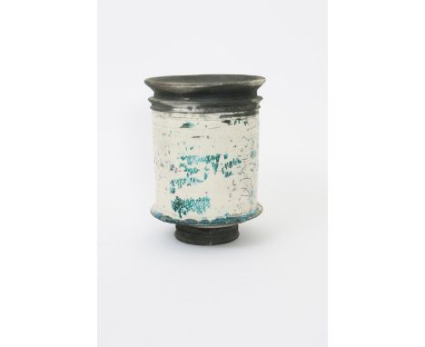 ‡ Robin Welch (born 1936) a raku pottery vase, footed cylindrical form with everted rim, glazed white between matt black band