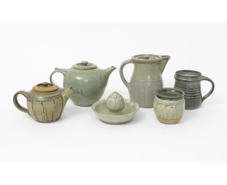 Richard Batterham (born 1936) a cut-sided stoneware teapot and cover, covered in an ash glaze, a pedestal bowl and a collecti