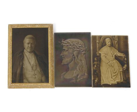 Christ a Sherwin & Cotton portrait tile designed by George Cartlidge, glazed in shades of sepia, a Pope Pius X Sherwin & Cott