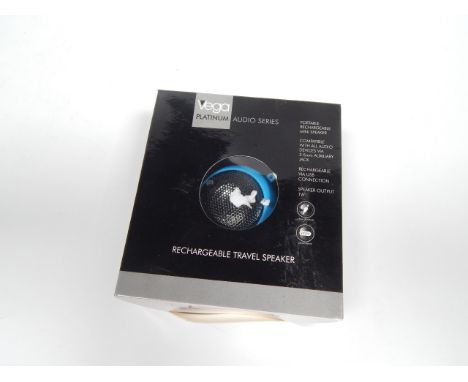 A Vega Platinum Audio Series Portable Rechargeable Mini Speaker, in blue, in original box. N.B. Option to buy next two lots.