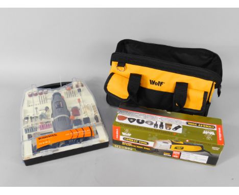 A Wolf tool bag and Combat tool set with accessories, and a Terratek rotary tool kit in case,  (3).