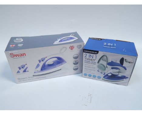 Two steam irons, to include a Swan steam iron and a two-in-one handy travel item.