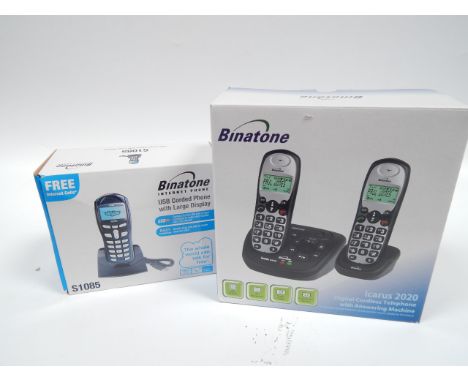 Three Binatone cordless phones, to include an Icarus 2020 with answering machine, a big button 510 triple and a single USB co