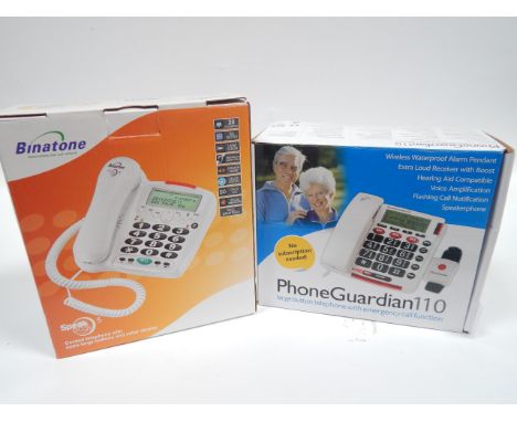 Three cordless telephones, to include Phone Guardian large button with emergency call function, Binatone big button phone and