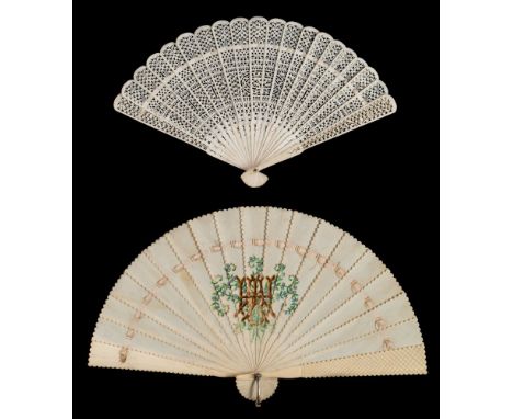 A 19th century Chinese bone brise fan: with pierced stick and guards, 21cm. long, together with a 19th century ivory brise fa