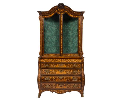 A late 18th/early 19th century Dutch rosewood and floral marquetry bombé display cabinet: bordered with sycamore lines, the d