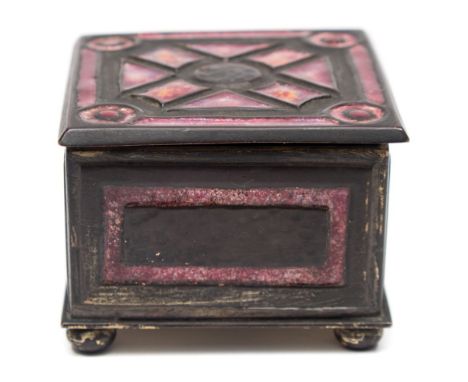 A Tiffany Furnaces studio Art Deco metal and enamel utility box: of square outline, with hinged lid, raised on squat bun feet