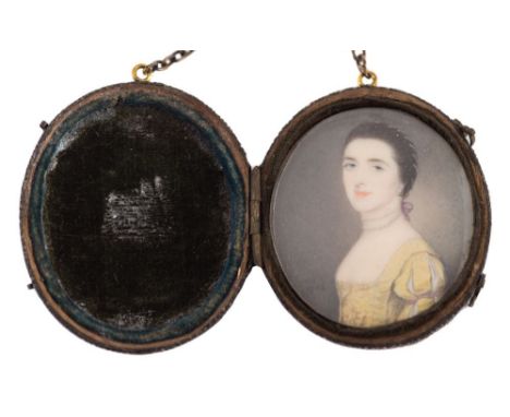 Ozias Humphrey [1742-1810]-A miniature portrait of a lady:, bust-length, with long dark hair adorned with pearls and a pink r