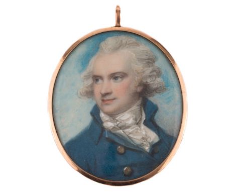 Attributed to Richard Cosway [1742-1821]-A miniature portrait of a gentleman:, head and shoulders with wavy powdered hair and