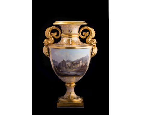 A fine Barr, Flight & Barr (Worcester) two-handled vase: of large size, with gilt dolphin and shell handles, painted with a v