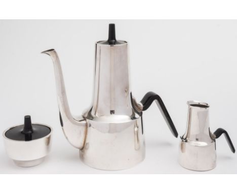 Hans Bunde design for Carl M Cohr, a Danish electro-plated three-piece modernist coffee service: of conical form, with out-sw