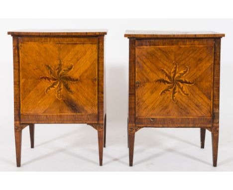 A near pair of late 18th century Italian walnut crossbanded and inlaid petit commodes: bordered with lines,  the tops and sid