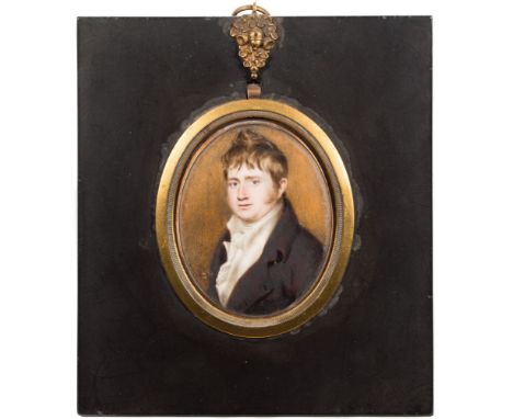 Thomas Hargreaves [1775-1846]-A miniature portrait of a young man:-head and shoulders with fair wavy hair and blue eyes, wear