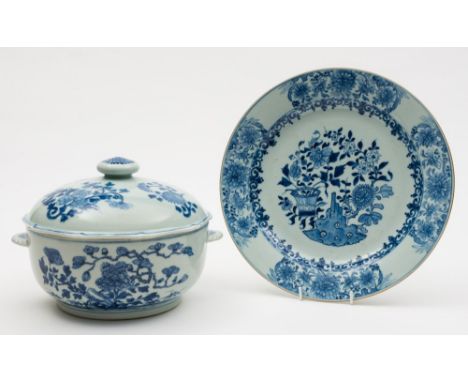 A Chinese blue and white tureen and cover and a similar dish: the tureen and cover with chrysanthemum form handles, the cover