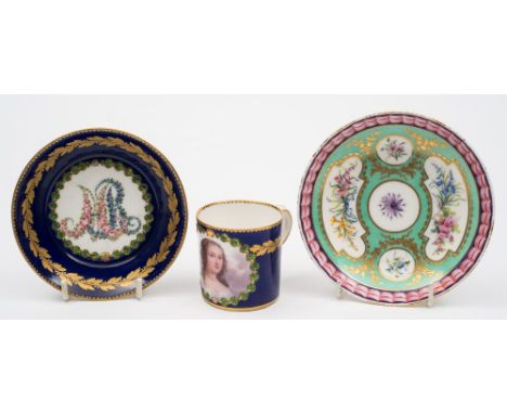 A Sèvres-style 'jewelled' cabinet cup and saucer together with a similar saucer: the first painted with a portrait of Mm De C