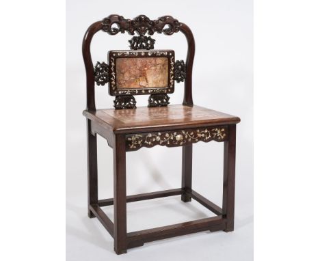 A Chinese carved hardwood and mother of pearl inlaid side chair:, the cartouche shaped back with cloud bands, mask and foliag